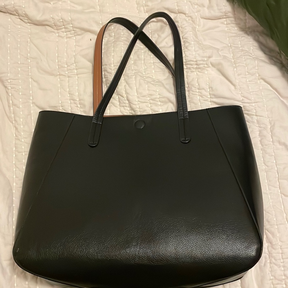 Black faux leather tote bag